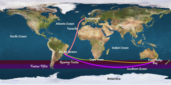 Map showing indicating the routes taken by the ships H.M.S. Calcutta and Ocean in 1803