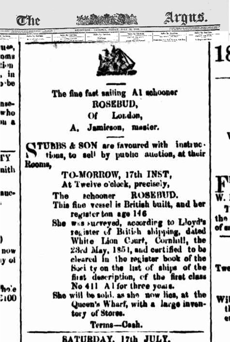 The Argus July 1852, an advertisement to auction the Rosebud and its cargo